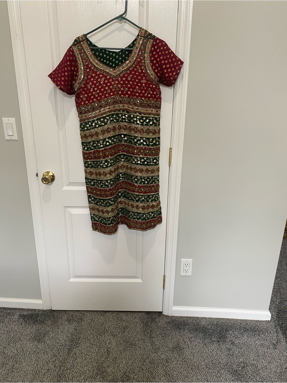 Embellished Red and Green Ethnic-Style Dress